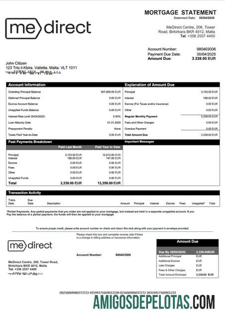 para download Modelo Word e PDF de extrato de hipoteca do Malta MeDirect Bank